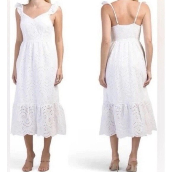 Sincerely Jules Midi Eyelet Dress M White Tiered Coquette Beach Cottagecore Trad - Picture 1 of 11